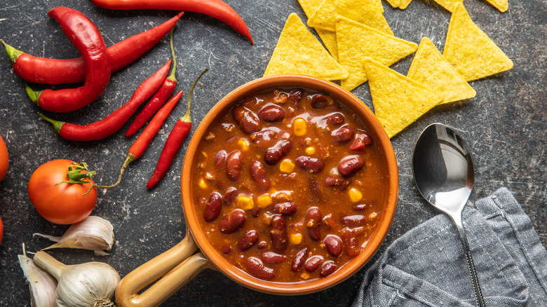 chili bowl with tortilla chips