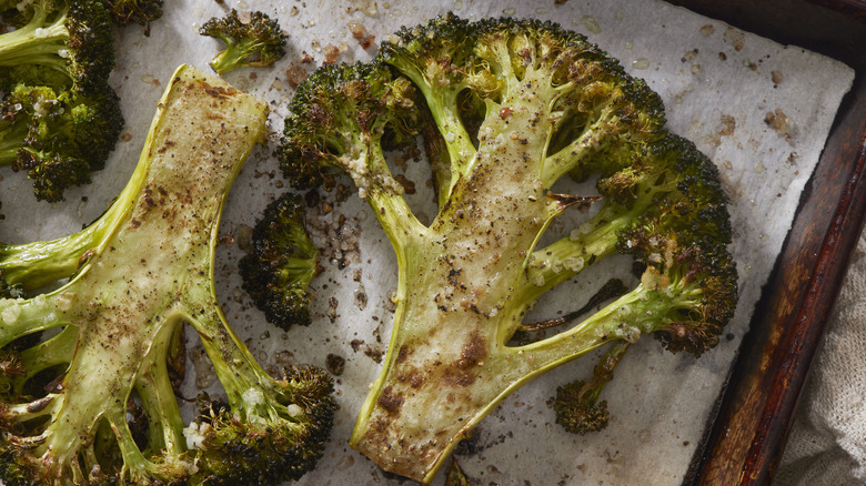 Roasted broccoli on pan