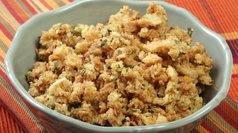 A dish of classic Thanksgiving stuffing