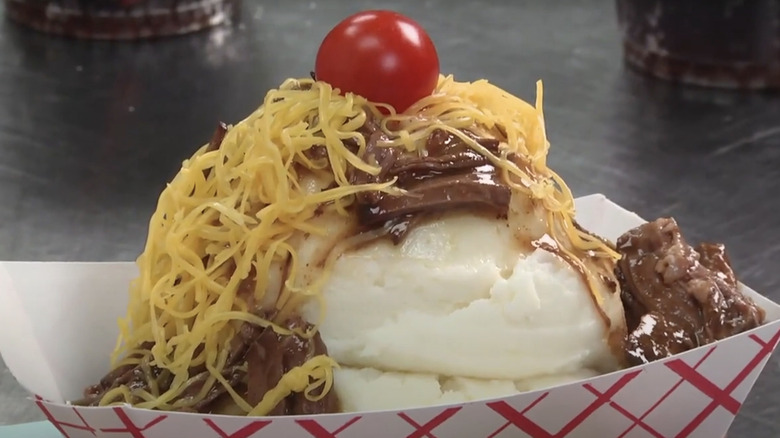 A close up of a hot beef sundae