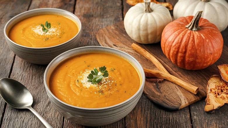 bowls of pumpkin soup with white and orange pumpkins in the background