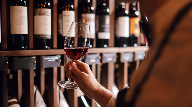 wine bottles and wine glass in forefront