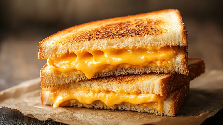 Halves of grilled cheese sandwich stacked