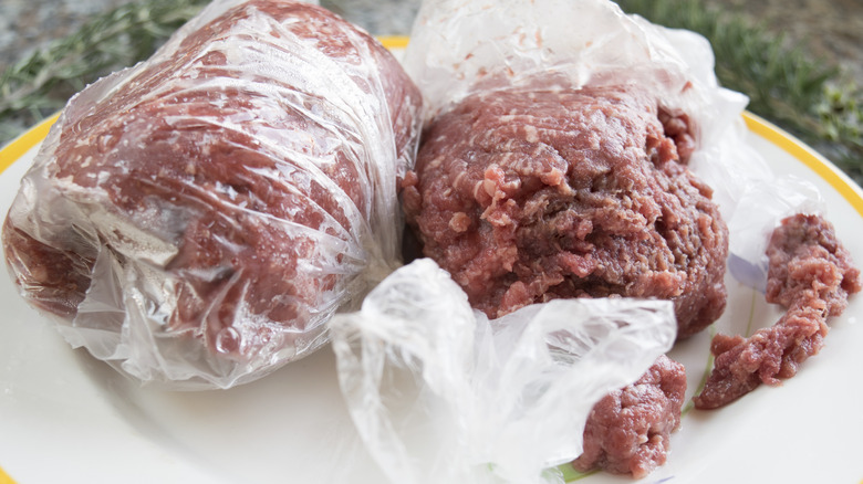 frozen ground beef in plastic bag