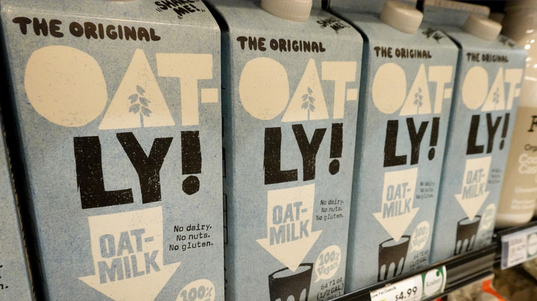 Oatly milk on the store shelf