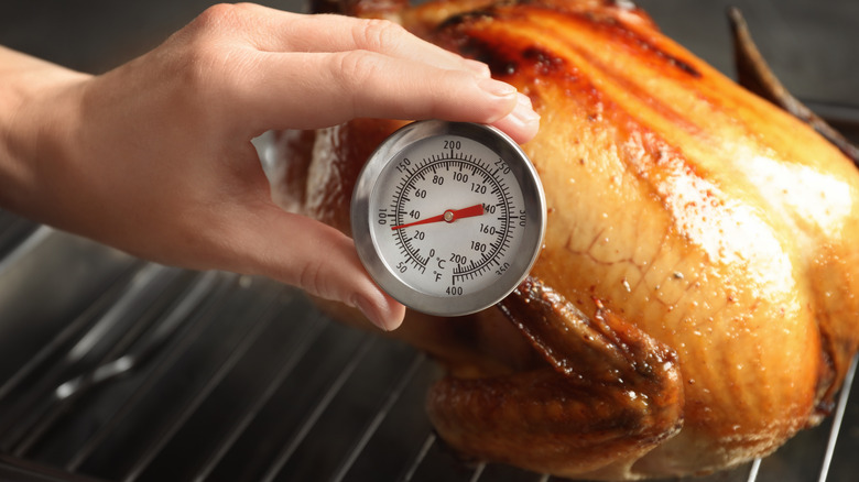checking chicken with thermometer