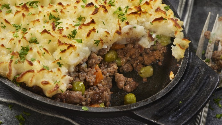 Close-up of shepherd's pie in a casserole dish