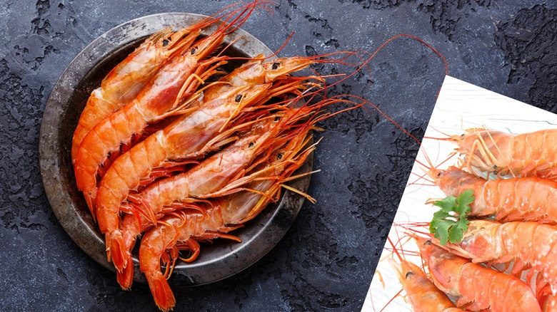 Bowl of prawns on countertop