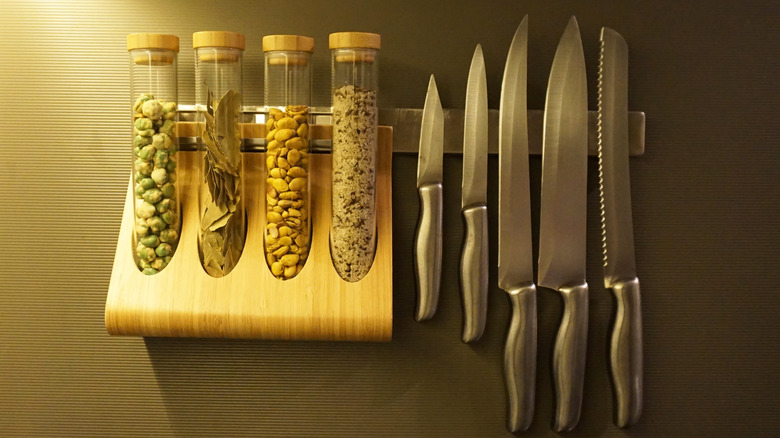 kitchen knives and jars of grains