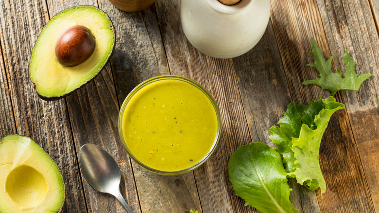 Green Goddess dressing, halved avocados and oil