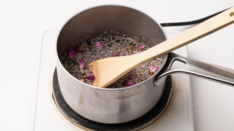 making floral syrup in saucepan