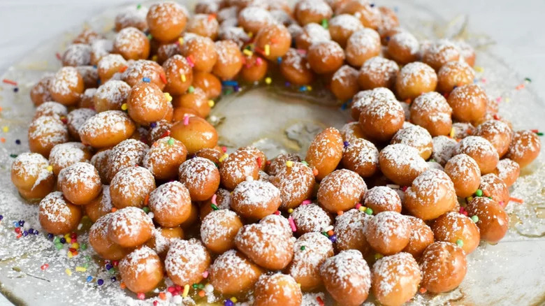 struffoli balls with powdered sugar