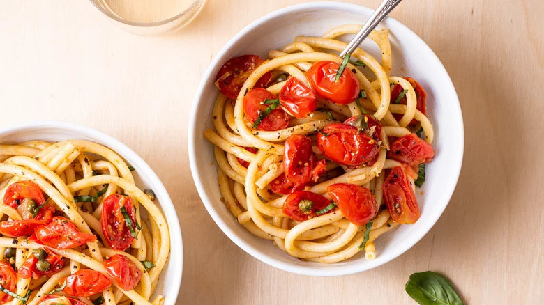 cherry tomatoes and bucatini