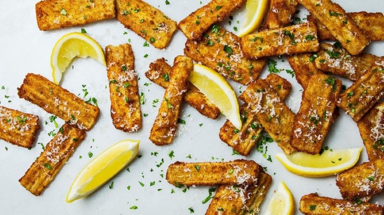 fried cardoons and lemon slices