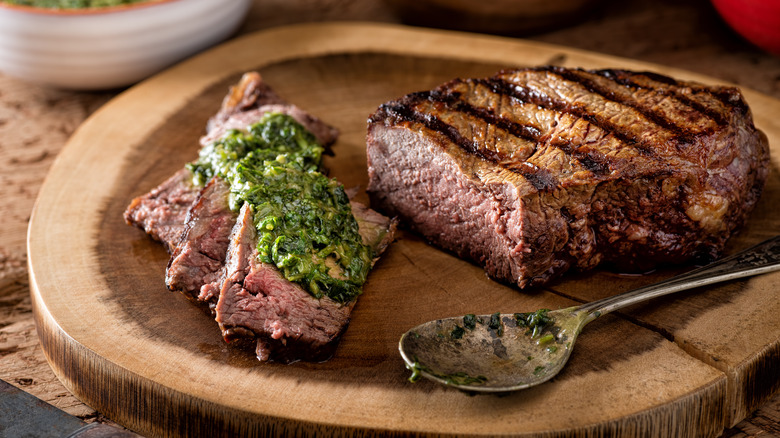 salsa verde on sliced steak