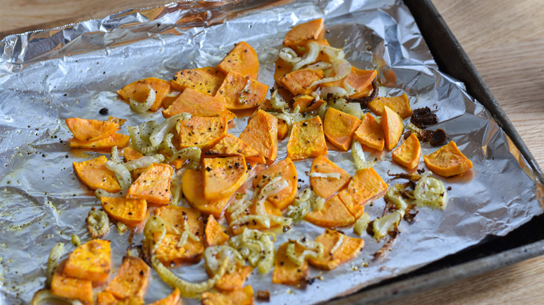 sweet potato fennel on baking tray