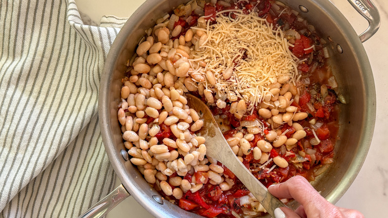 skillet with cheese and beans