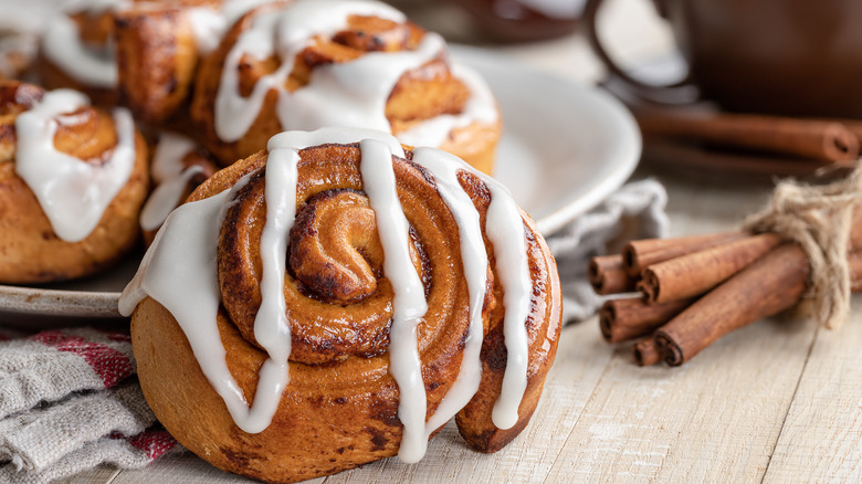 close up of baked cinnamon roll