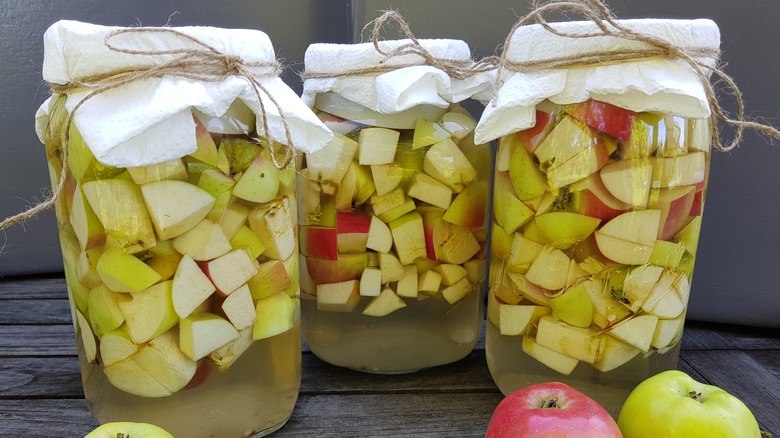 apples fermentin in glass bottles