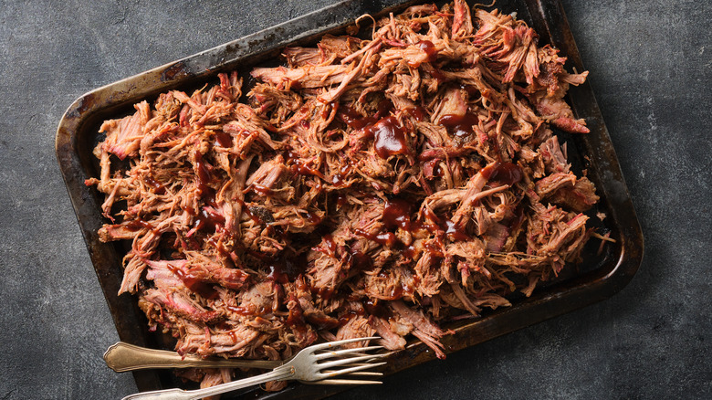 tray of shredded pulled pork