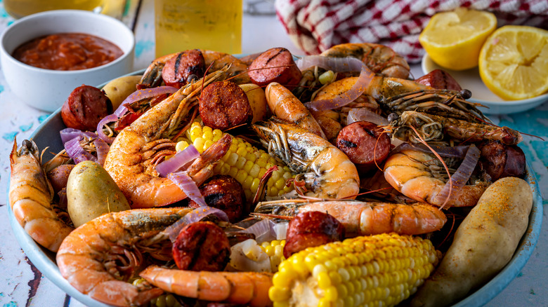 Seafood boil on newspaper