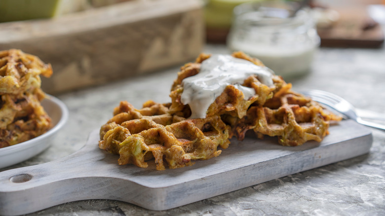 Savory waffles with tzatziki sauce 