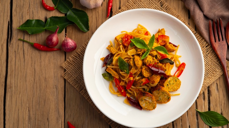 Pasta with sausage and stir-fried veggies