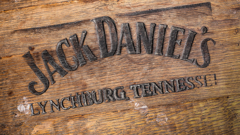  Closeup of the Jack Daniel's logo on a wooden barrel