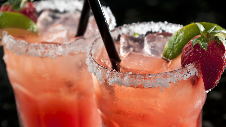 Close up of two strawberry margaritas 