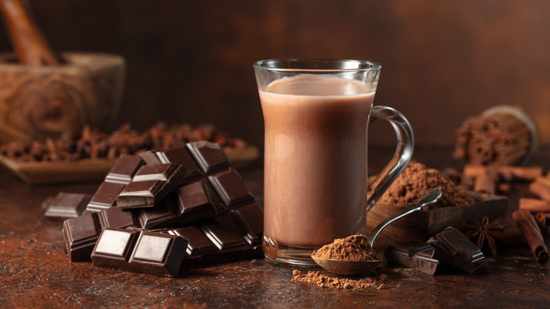 hot chocolate with chocolate bar and cocoa powder