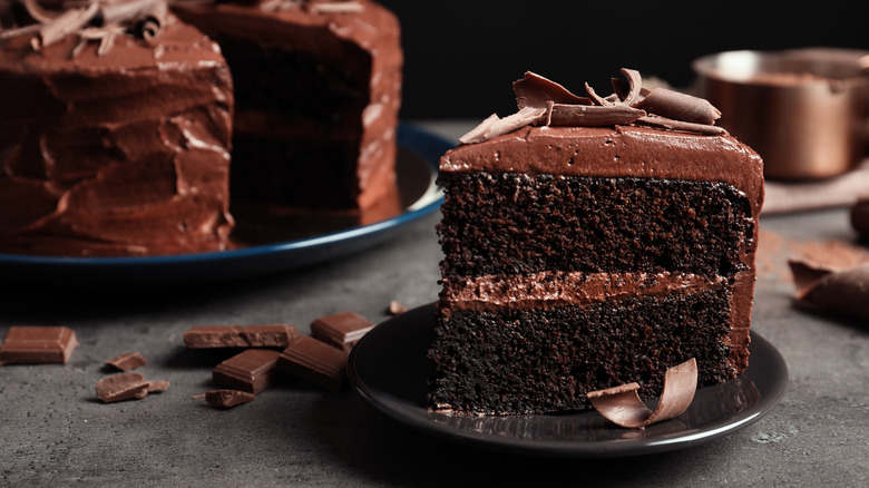 Chocolate cake slice near whole cake