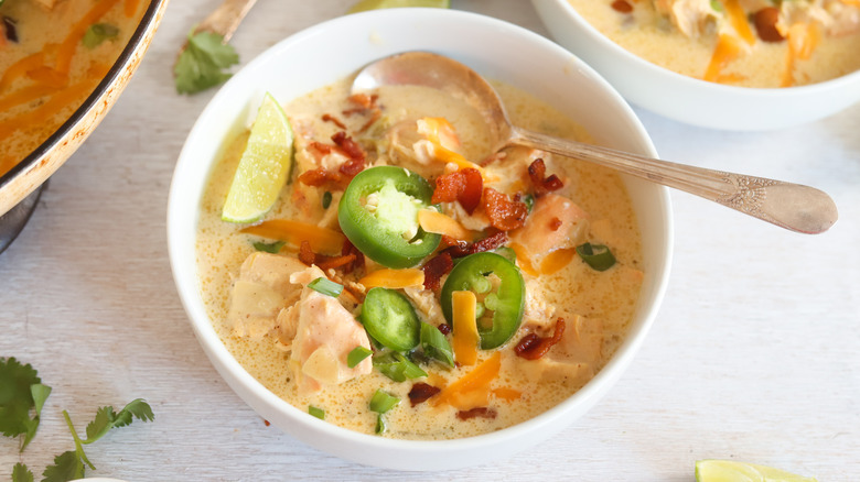 Bowl of jalapeño popper chili 