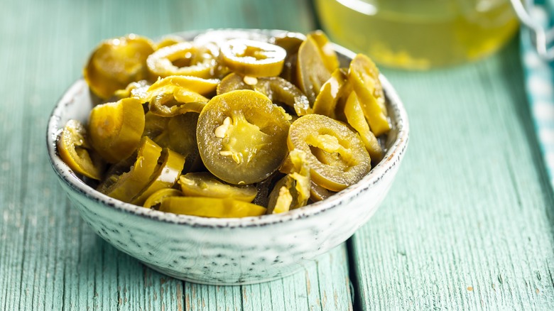 Bowl of pickled jalapeno slices