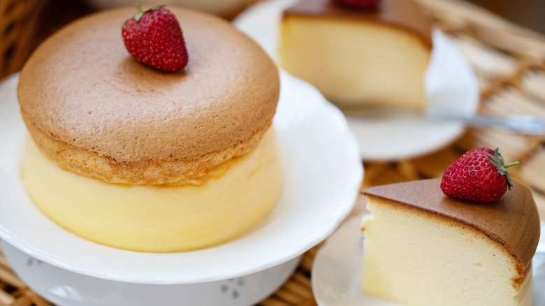 Japanese cheesecake plated with strawberry