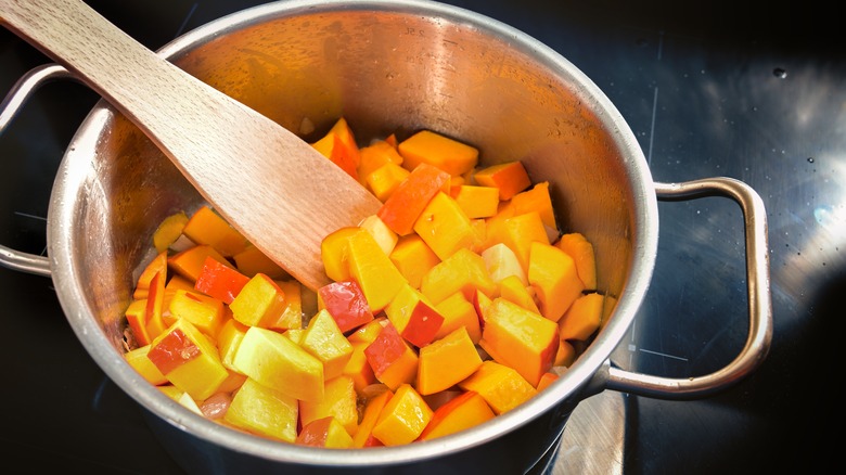 diced squash cooking in pot