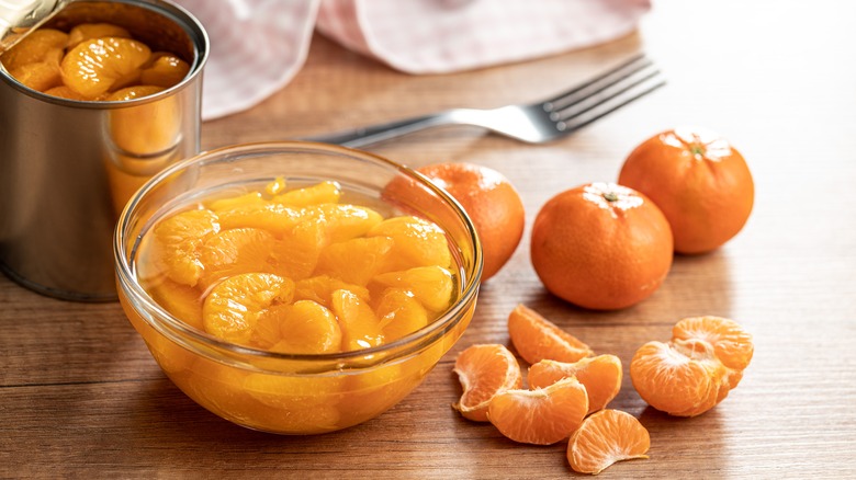 Canned mandarin oranges in bowl