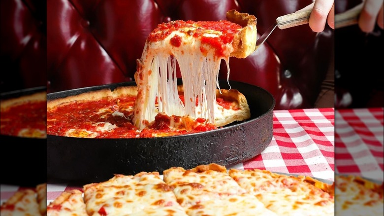 A slice of pizza being lifted from the pan