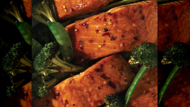 Miso-glazed salmon and broccoli ready to eat