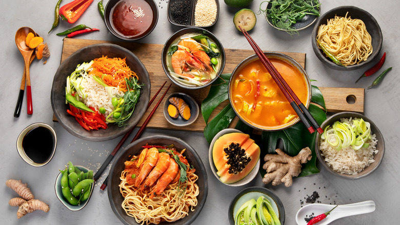 Overhead shot of a variety of asian dishes