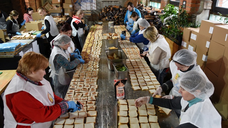 Ukrainian restaurant employees prepare food