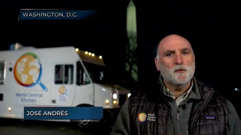 José Andrés on TV with World Central Kitchen truck