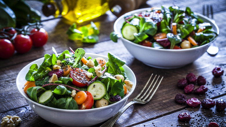 loaded veggie salads in bowls