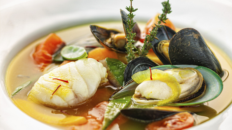 bouillabaisse Marseille fish stew in a white bowl