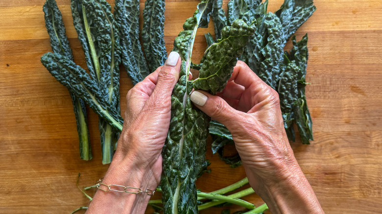 hands removing kale stems