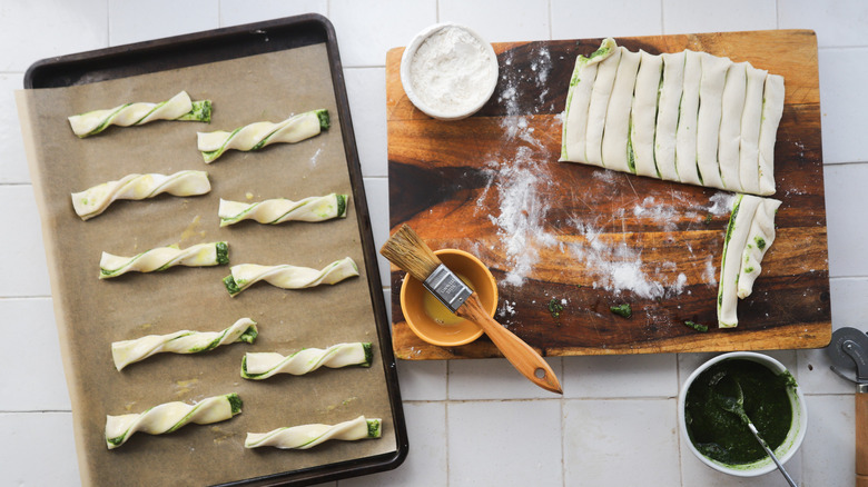 Pesto twists brushed with egg