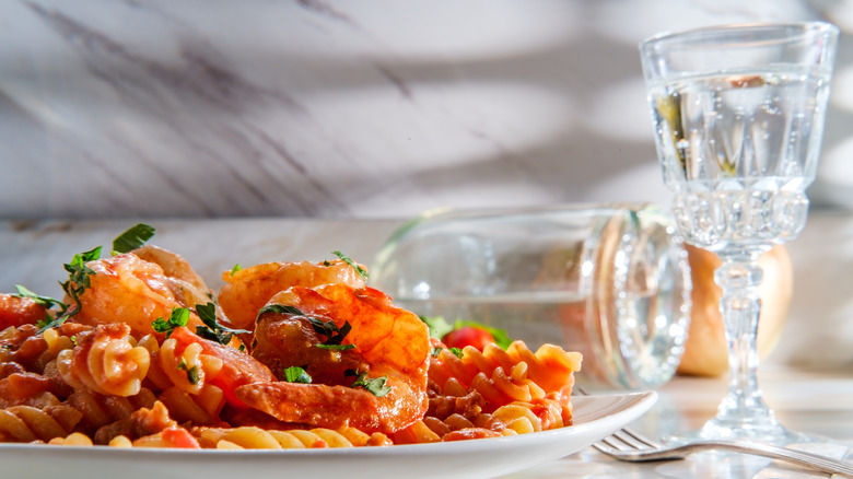 Vodka sauce pasta and glass