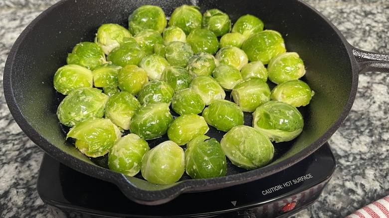 Brussels sprouts in pan