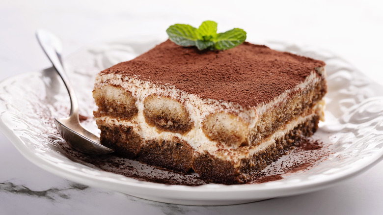 Square piece of tiramisu on plate