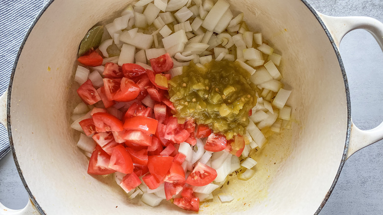 tomatoes, onions, green chilis in pot