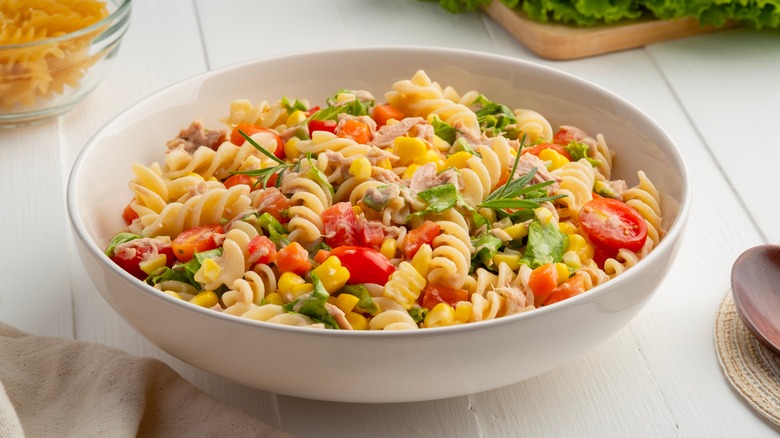 Pasta salad in white bowl